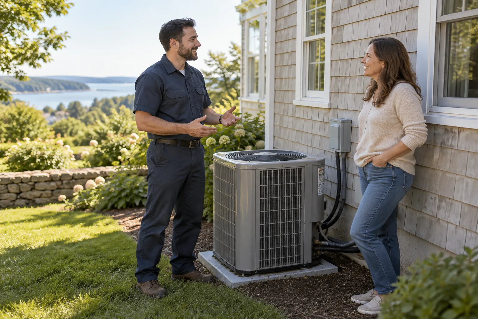 A friendly HVAC provider speaking with a homeowner beside an outdoor AC unit in Scranton